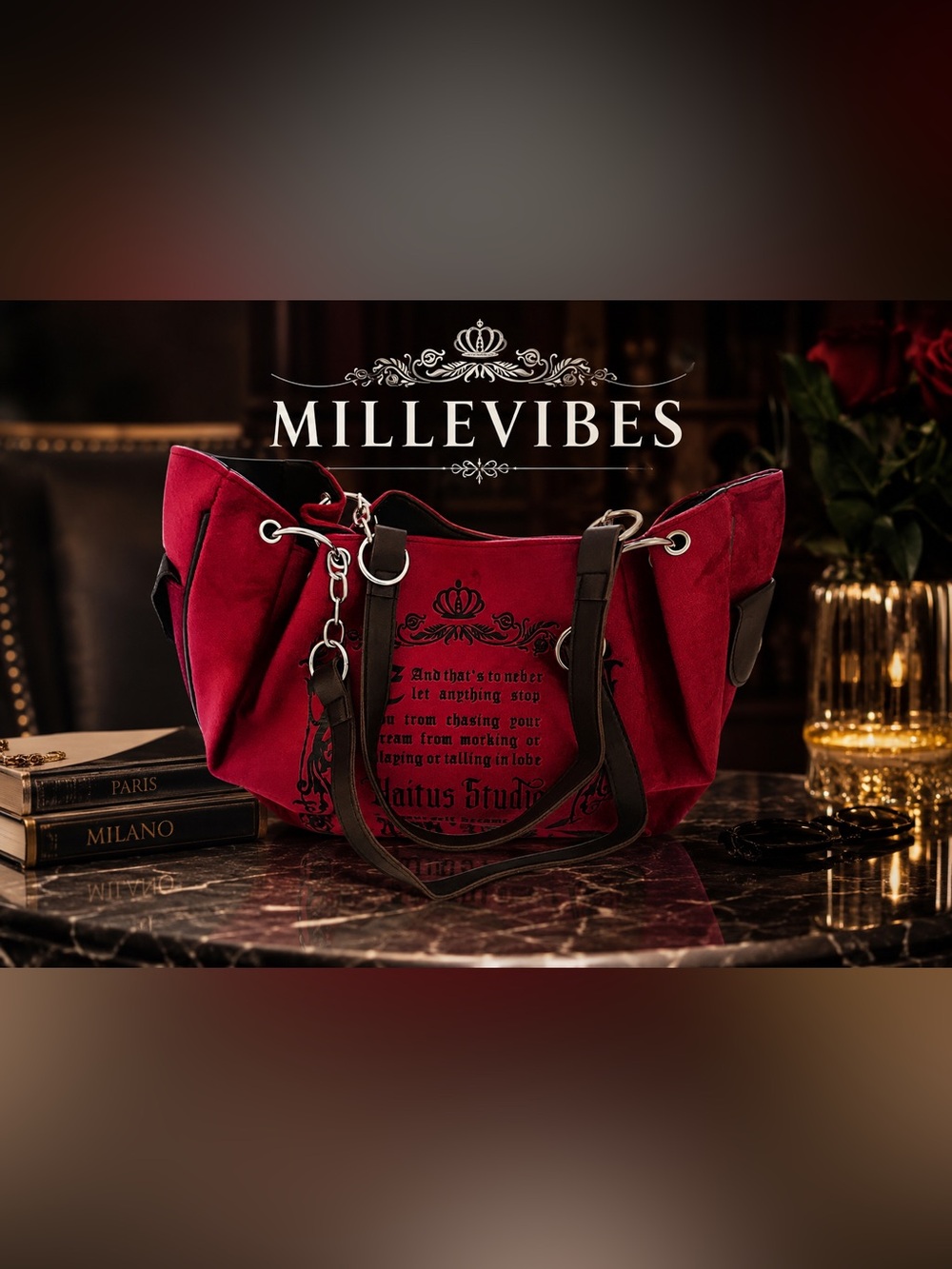 Red Canvas Shoulder Bag with Dark Trim
